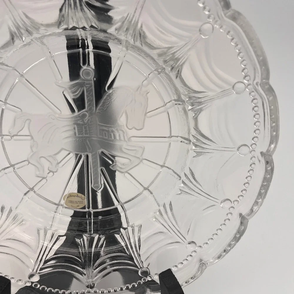 Vintage Clear Frosted Glass Carousel Horse Scalloped Beaded Bowl 8 inch